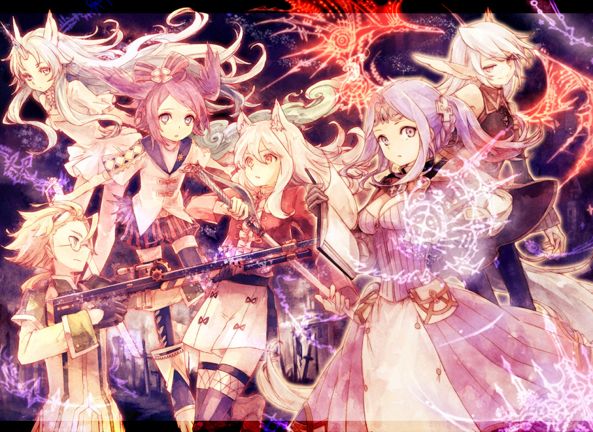 animal_ears blonde_hair bow dress glasses gun horns long_hair magic nemu_isaya pixiv_fantasia purple_hair red_eyes short_hair skirt sword tail violet_eyes weapon white_hair wings