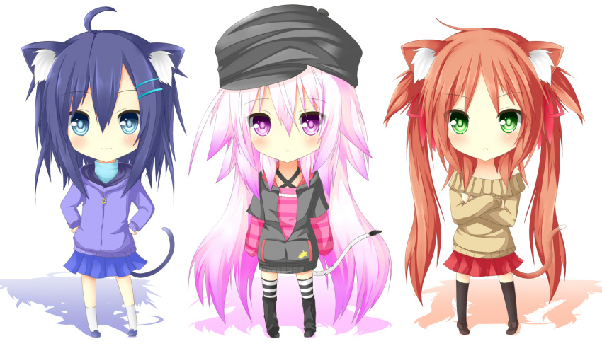 3girls :3 blue_eyes blue_hair blush catgirl cha_ha_neko chibi green_eyes hat long_hair original pink_eyes pink_hair redhead sweater tail thigh-highs twintails