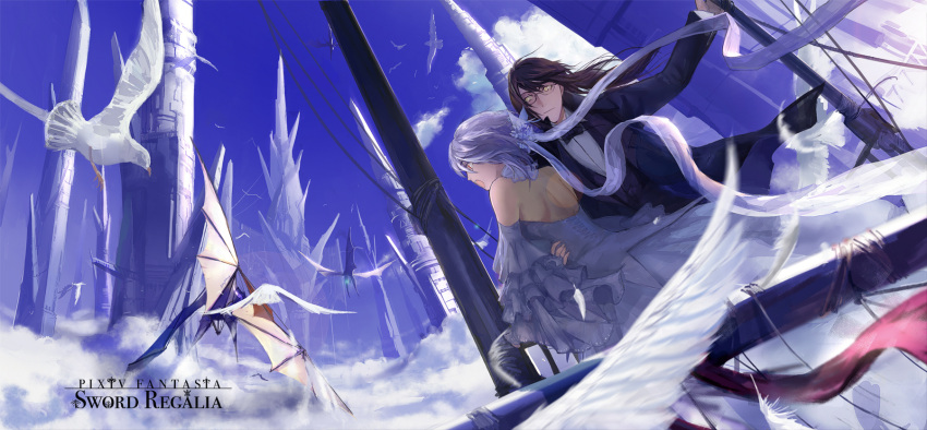 1girl bird black_hair building cloud clouds dragon feathers glasses highres kzcjimmy long_hair pixiv_fantasia pixiv_fantasia_sword_regalia short_hair sky white_hair yellow_eyes