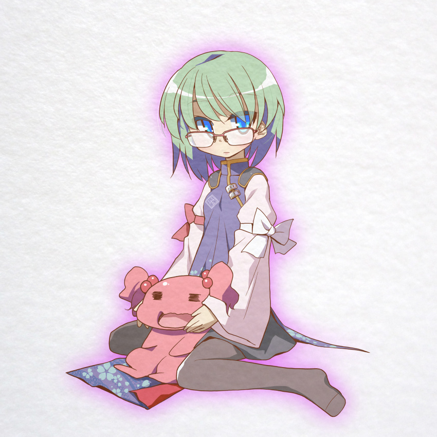 bespectacled black_legwear blue_eyes chibi glasses green_hair hair_bobbles hair_ornament highres onozuka_komachi pantyhose shikieiki_yamaxanadu sitting skirt tabard touhou twintails wariza