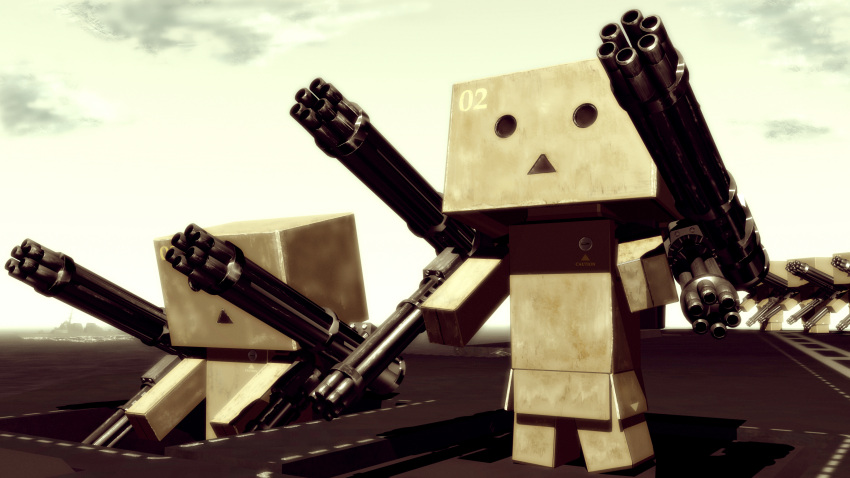 absurdres cardboard danbo gatling_gun gun highres nihiro no_humans quadruple_wielding weapon yotsubato!