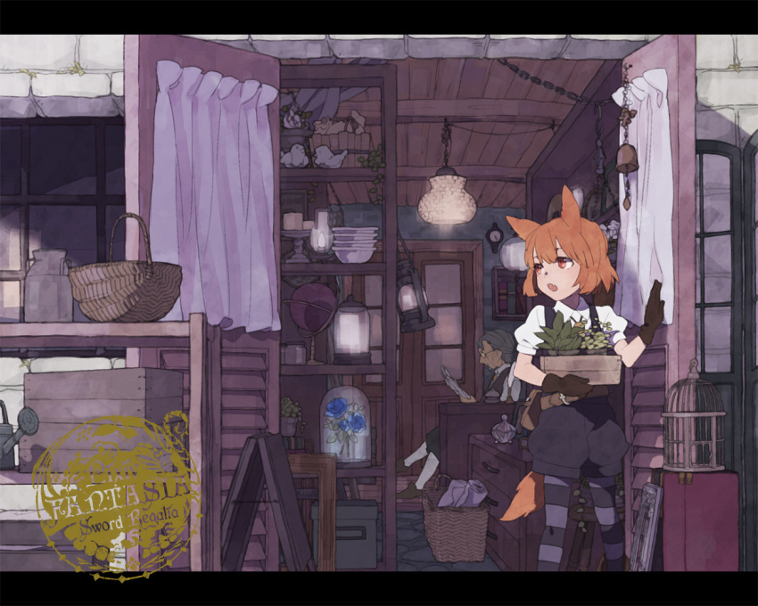 animal_ears bell birdcage blue_rose cage detteyu flower gloves lamp orange_eyes orange_hair pixiv_fantasia pixiv_fantasia_sword_regalia rose short_hair tail