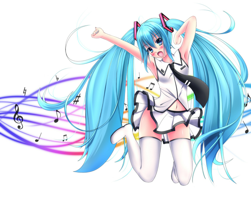 arms_up blush hatsune_miku hiiragi-qualia long_hair miniskirt navel necktie open_mouth shiny shiny_skin skirt thighhighs treble_clef twintails very_long_hair vocaloid white_legwear