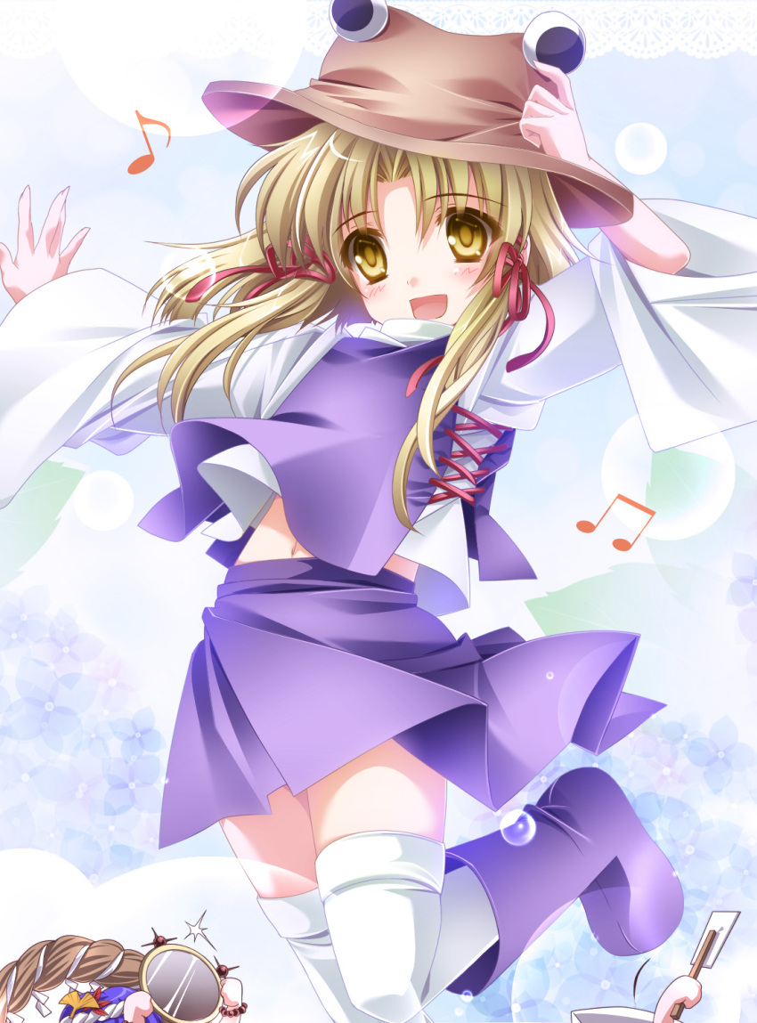 1girl blonde_hair blush boots eyes gohei hat highres kochiya_sanae long_hair moneti_(daifuku) moriya_suwako multiple_girls musical_note navel shimenawa solo thigh-highs thighhighs touhou white_legwear yasaka_kanako yellow_eyes