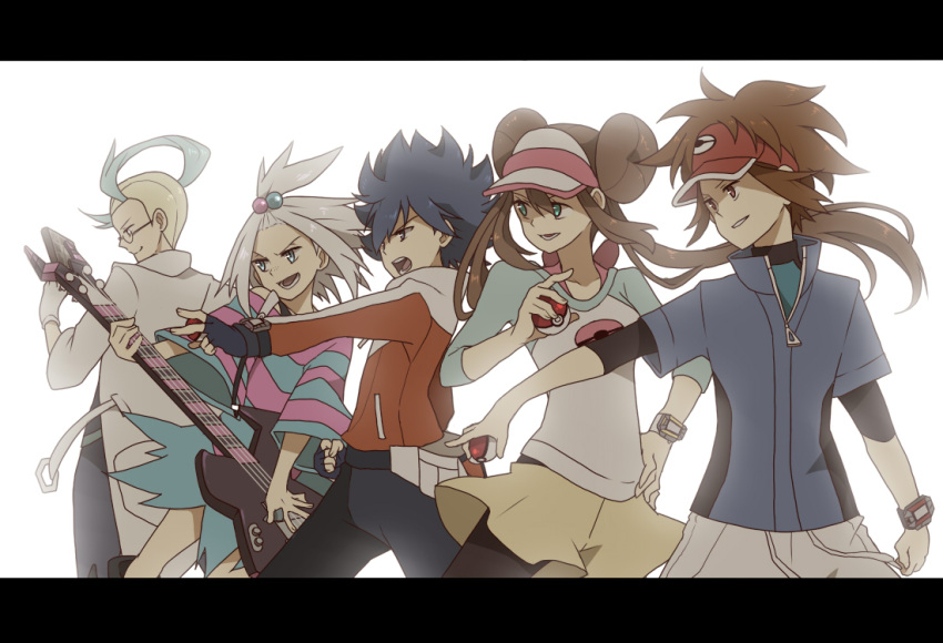 3boys akuroma_(pokemon) bag bass_guitar black_hair black_legwear brown_hair dress female_protagonist_(pokemon_bw2) fingerless_gloves gloves hair_bobbles hair_ornament holding holding_poke_ball homika_(pokemon) hue_(pokemon) instrument jacket kyouhei_(pokemon) leggings letterboxed lineup male_protagonist_(pokemon_bw2) mei_(pokemon) minidress miniskirt multicolored_hair multiple_boys multiple_girls pantyhose poke_ball pokemon pokemon_(game) pokemon_bw2 pose raglan_sleeves rival_(pokemon_bw2) sei_(shinkai_parallel) shorts skirt smile striped striped_dress topknot twintails visor_cap watch white_background white_hair wind wristwatch