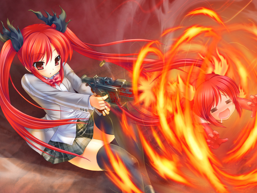 black_legwear cthugha_(nyaruko-san) demonbane drooling dual_persona fire gessekai gun haiyore!_nyaruko-san long_hair multiple_girls open_mouth panties plaid plaid_skirt red_eyes red_hair redhead school_uniform skirt thigh-highs thighhighs twintails underwear weapon zettai_ryouiki