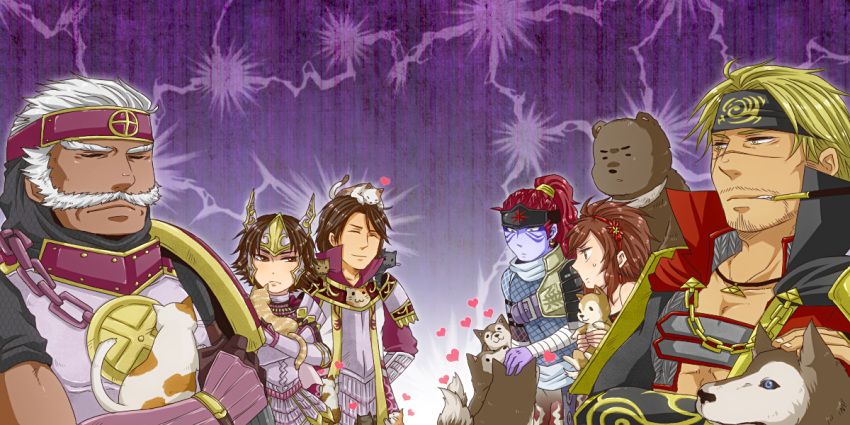 4boys animal_on_head batako_(artist) bear blonde_hair brown_eyes brown_hair cat cat_on_head chain chains closed_eyes crossed_arms dog dog_on_head eyes_closed facial_hair fuuma_kotarou hairband headband heart houjou_ujiyasu kaihime kiseru long_hair multiple_boys multiple_girls musical_note pipe ponytail red_hair redhead scar sengoku_musou sengoku_musou_3 shimazu_yoshihiro short_hair tachibana_ginchiyo tachibana_muneshige white_hair yellow_eyes