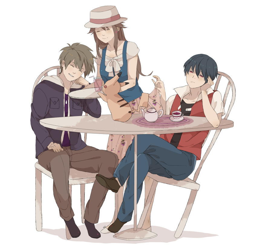 2boys black_hair blue_(pokemon) brown_hair chair chin_rest closed_eyes collarbone cup drink eyes_closed grin hat highres jacket jewelry leaning_back long_hair mata_tabi multiple_boys necklace no_hat no_headwear ookido_green ookido_green_(hgss) pikachu pokemon pokemon_(game) pokemon_frlg pokemon_hgss pokemon_rgby red_(pokemon) red_(pokemon)_(classic) red_eyes short_hair simple_background sitting skirt skirt_lift smile straw table teacup teapot tray white_background