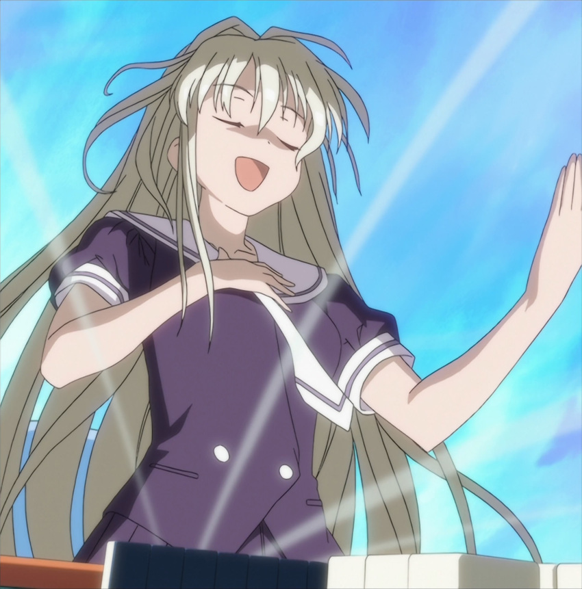 blonde_hair choe_myeong_hwa closed_eyes eyes_closed hand_on_own_chest highres light long_hair mahjong mahjong_tile open_mouth saki school_uniform screencap solo