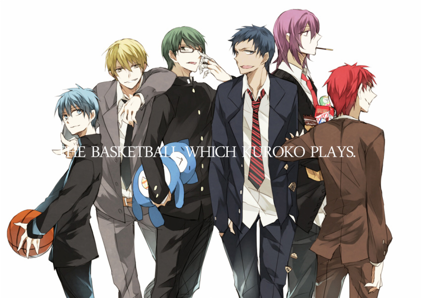 akashi_seijuurou aomine_daiki bandage bandages basketball blazer blonde_hair blue_eyes blue_hair dark_skin food gakuran glasses green_eyes green_hair kise_ryouta kuroko_no_basuke kuroko_tetsuya male midorima_shintarou multiple_boys murasakibara_atsushi necktie pocky purple_eyes purple_hair red_eyes red_hair redhead school_uniform short_hair smile stuffed_animal stuffed_cat stuffed_toy v violet_eyes yellow_eyes yone_(kaguudou)