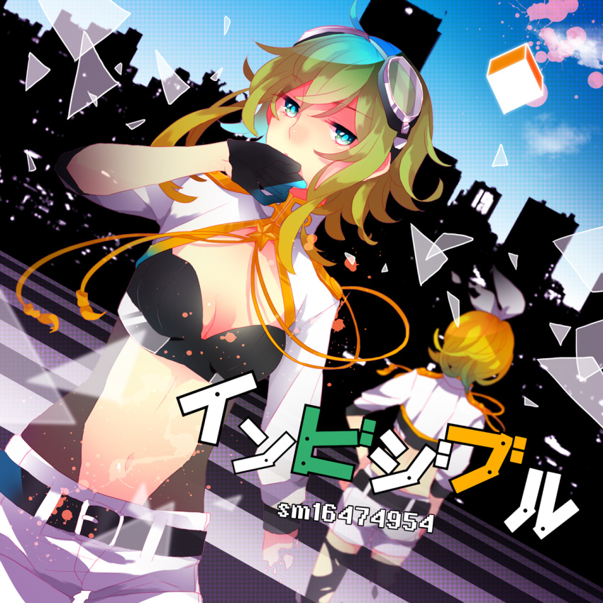 aiguillette bikini_top blonde_hair breasts goggles goggles_on_head green_eyes green_hair gumi hair_ribbon highres kagamine_rin looking_at_viewer midriff multiple_girls navel ribbon saine short_hair thighhighs vocaloid