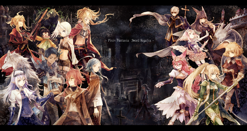 animal_ears armor bare_shoulders blonde_hair blue_hair braid cape coat corset furry gauntlets glasses gloves glowing glowing_eyes gun head_wings highres hood lavender_hair midriff monster navel nemu_(isaya) pink_hair pixiv_fantasia pixiv_fantasia_sword_regalia pointy_ears ponytail ribbon short_shorts shorts staff sword thigh-highs thighhighs weapon white_hair wings wolf