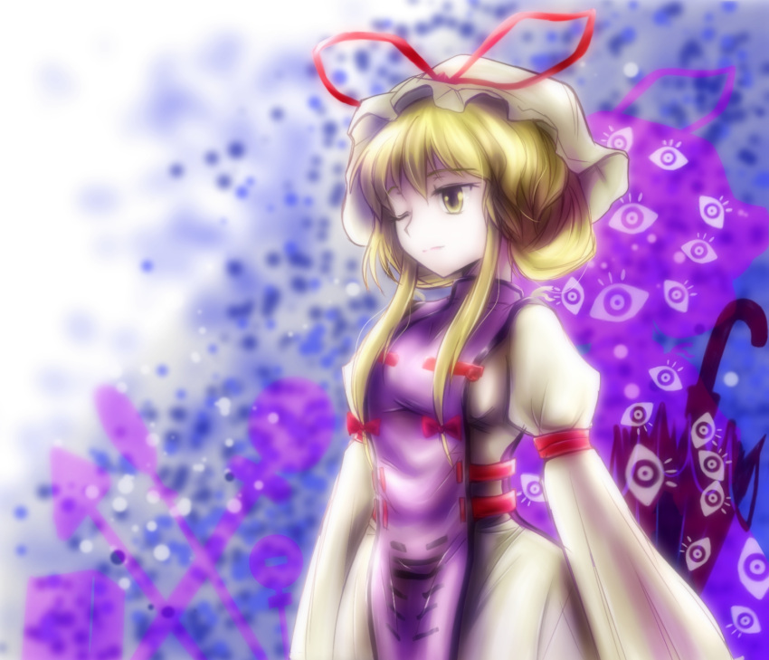 blonde_hair bow eyes hair_bow hat hat_ribbon highres long_sleeves ribbon road_sign rpg-exen sign solo touhou umbrella wink yakumo_yukari yellow_eyes
