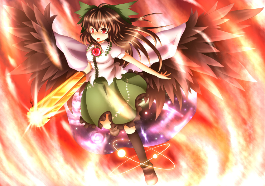 ahoge arm_cannon bow brown_hair cape galaxy hair_bow highres kuroyume_(dark495) long_hair mary_janes radiation_symbol red_eyes reiuji_utsuho shoes skirt solo symbol-shaped_pupils third_eye touhou weapon wings