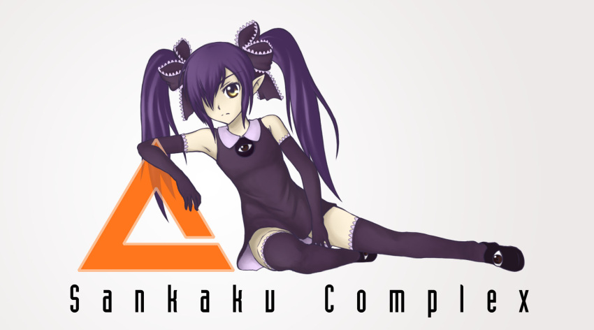 bare_shoulders beako elbow_gloves flat_chest gegege_no_kitarou gloves hair_over_one_eye hair_ribbon highres long_hair on_side pas_(paxiti) pointy_ears purple_legwear ribbon sankaku_complex solo thigh-highs thighhighs twintails yellow_eyes zettai_ryouiki