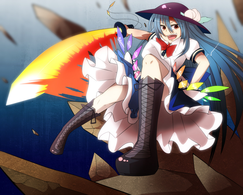 blue_hair blush brown_eyes cross-laced_footwear food fruit hat hinanawi_tenshi leaf long_hair moccoro open_mouth peach rock short_sleeves solo sword sword_of_hisou tenkomori_(bug_kura) touhou very_long_hair weapon