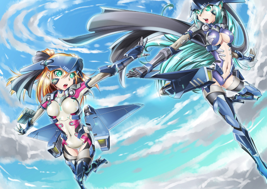 cloud clouds green_eyes j-20 lips lipstick makeup mecha_musume military navel open_mouth original personification sky teeth yin_gren