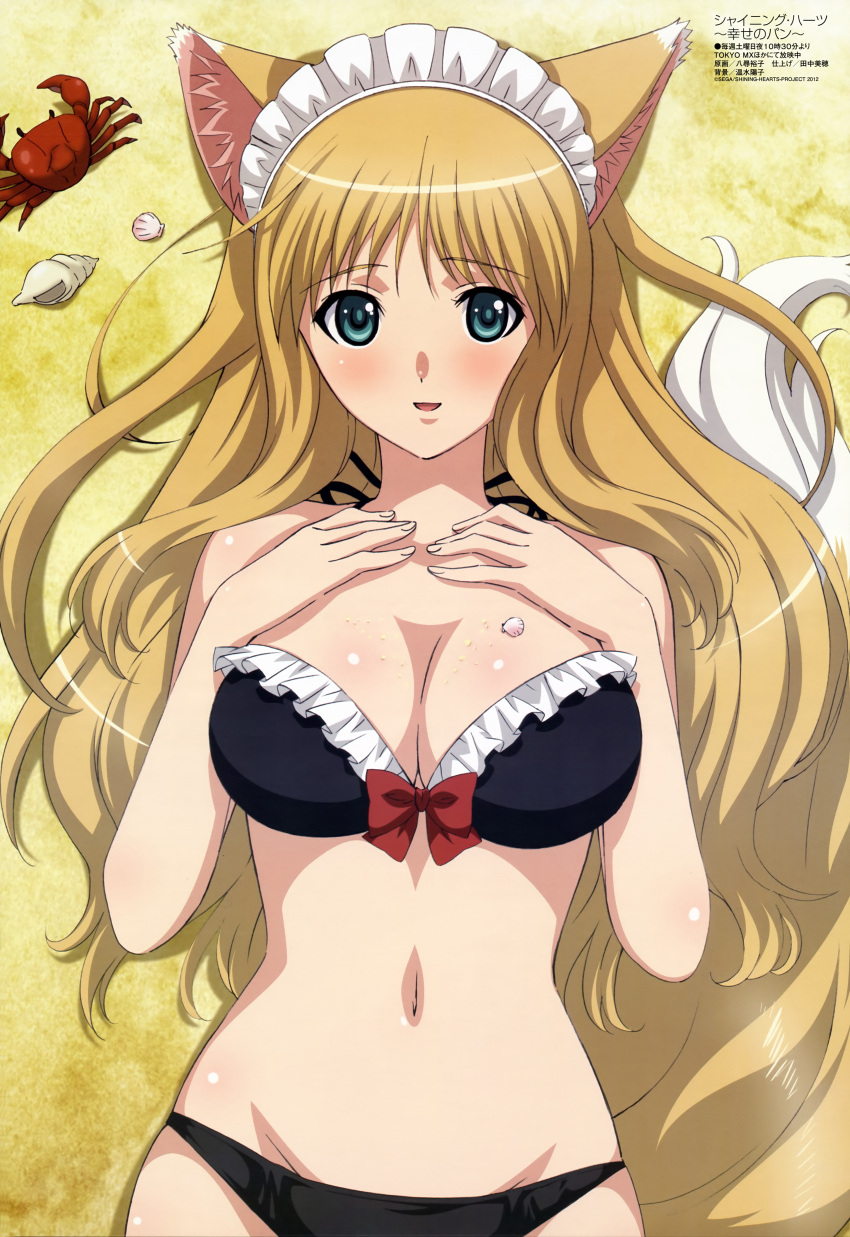 absurdres animal_ears bikini blush bra breasts brown_hair cleavage crab fox_ears fox_tail green_eyes headdress highres long_hair lorna_(shining_hearts) lying megami navel official_art on_back outdoors panties sand shining_(series) shining_hearts solo swimsuit tail very_long_hair yahiro_yuuko