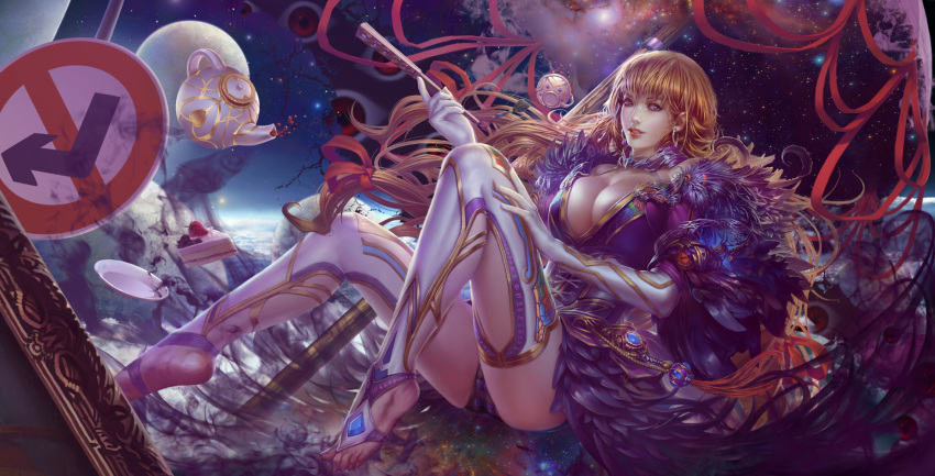 adapted_costume blonde_hair breasts cake cleavage cloud clouds cup earrings eyes fan food gap gem haoyuan highres jewelry long_hair purple_eyes realistic road_sign sign sky solo star tea teacup touhou very_long_hair violet_eyes yakumo_yukari