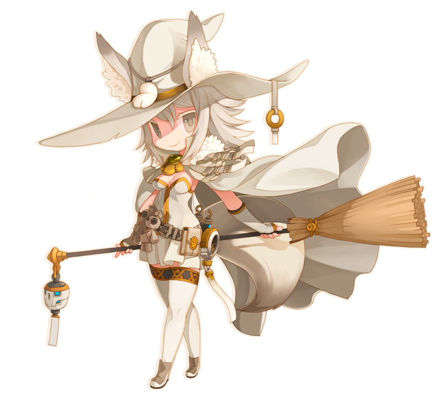 animal_ears breasts broom cape grey_eyes hat holding original ran_system silver_eyes silver_hair simple_background smile solo thigh-highs thighhighs white_background white_legwear witch witch_hat