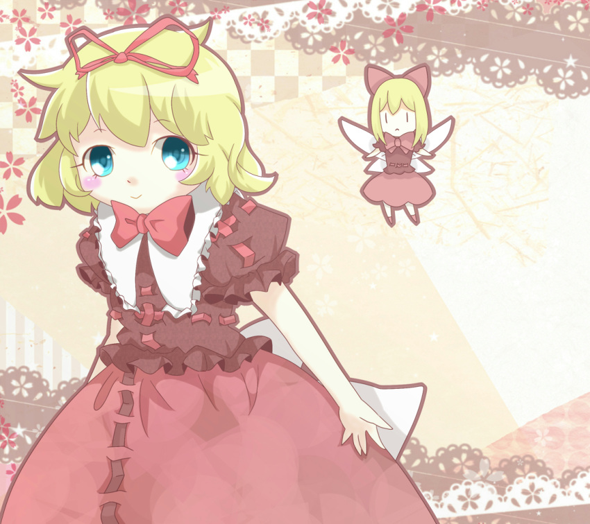 :> blonde_hair blouse blue_eyes blush_stickers bow bust capelet cherry_blossoms doll fairy_wings hair_bow hair_ribbon happa_o lace looking_at_viewer medicine_melancholy open_hand pink_background ribbon short_hair short_hait skirt smile solo su-san touhou wings yellow_background