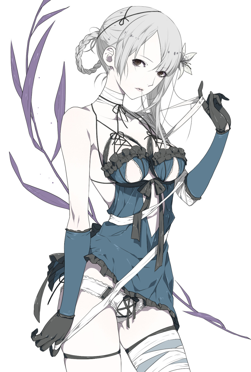 bandage bow braid breasts elbow_gloves flower frills gloves grey_eyes hair_ornament highres kaine_(nier) kazari_tayu lingerie negligee nier panties ribbon short_hair silver_hair slender_waist solo tayuya1130 thigh-highs thigh_strap thighhighs underwear white_hair white_panties