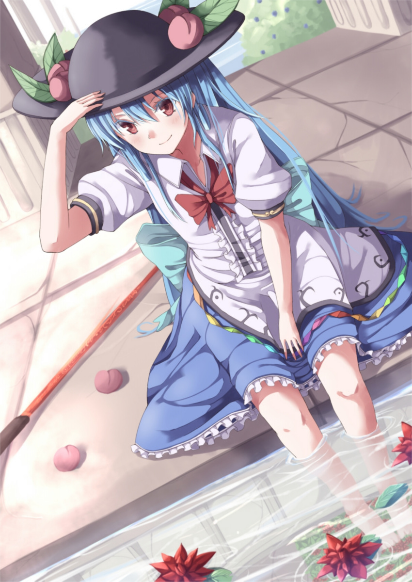 bad_hands barefoot blue_hair blush dutch_angle feet_in_water food fruit gurasion_(gurasion) hand_on_hat hat highres hinanawi_tenshi leaf long_hair peach red_eyes sitting soaking_feet solo sword_of_hisou touhou water