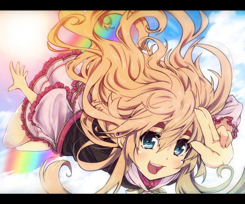 blonde_hair blue_eyes dress drpow eyebrows flying k-on! kotobuki_tsumugi letterboxed long_hair open_mouth rainbow sky smile solo tom_(drpow)
