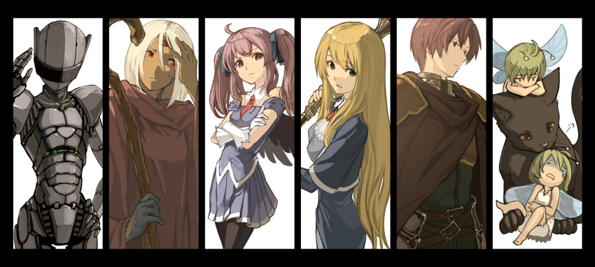 black_angel_(elona) black_cat_(elona) blonde_hair cat cloak cute_fairy_(elona) defender_(elona) dress elona exile_(elona) fairy golden_knight_(elona) highres pantyhose ribbon robe robot rueken staff twintails weapon white_hair wings