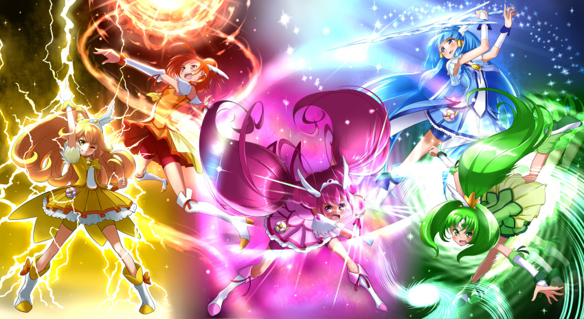 :d aoki_reika arm_up bike_shorts blonde_hair blue_eyes blue_hair cure_beauty cure_happy cure_march cure_peace cure_sunny electricity fire green_eyes green_hair hair_tubes heart heart_hands highres hino_akane hoshizora_miyuki ice_sword kise_yayoi long_hair magic midorikawa_nao multiple_girls open_mouth orange_hair pink_eyes pink_hair precure red_eyes short_hair shorts_under_skirt smile smile_precure! sword takebi tears tiara v very_long_hair weapon wince yellow_eyes