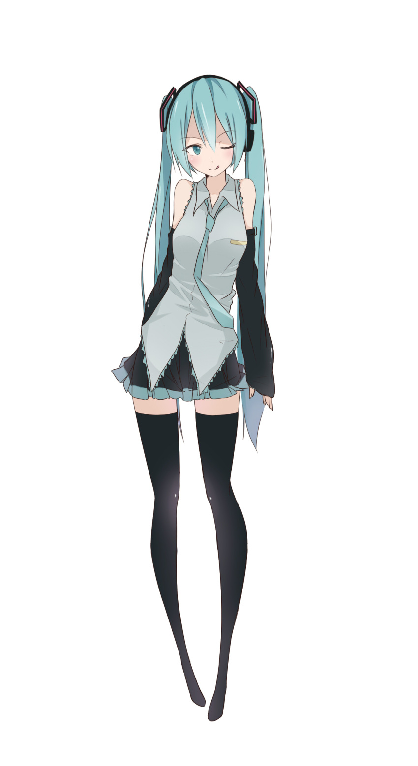 :q aqua_eyes aqua_hair detached_sleeves hatsune_miku headphones highres long_hair necktie sakuragawa_mionoketsu simple_background skirt solo thigh-highs thighhighs tongue twintails very_long_hair vocaloid white_background wink