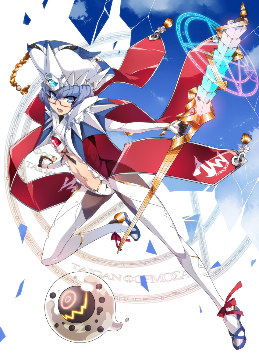 blue_eyes blue_hair glasses hat highres midriff navel original red-framed_glasses staff