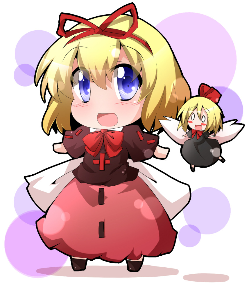 black_dress blonde_hair blouse blue_eyes blush_stickers bow chibi dress fairy_wings hair_ribbon highres hiro_(pqtks113) looking_at_viewer medicine_melancholy o_o open_mouth outline outstretched_arms ribbon shadow short_hair skirt smile solo spread_arms su-san touhou white_background wings