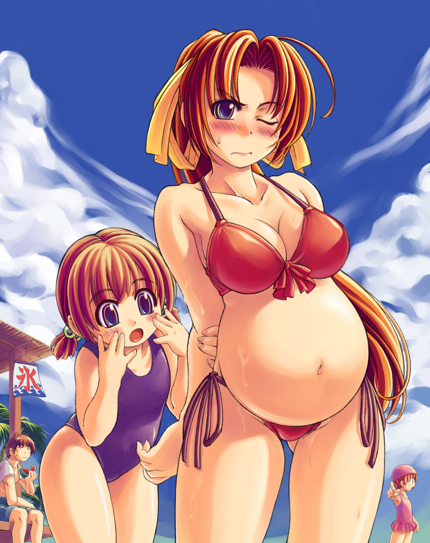 3: 3; 3girls :o absurdres age_difference bikini blush breasts child cleavage cloud clouds copyright_request food fruit highres kooribata long_hair multiple_girls one-piece_swimsuit open_mouth pregnant red_hair size_difference sky swimsuit watermelon wink xration