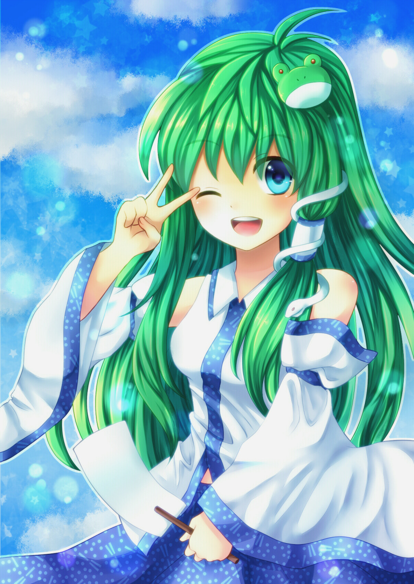 blue_eyes blush cloud clouds detached_sleeves frog green_hair hair_ornament hair_tubes highres kochiya_sanae long_hair open_mouth sky snake solo tomex139 touhou very_long_hair wide_sleeves wink