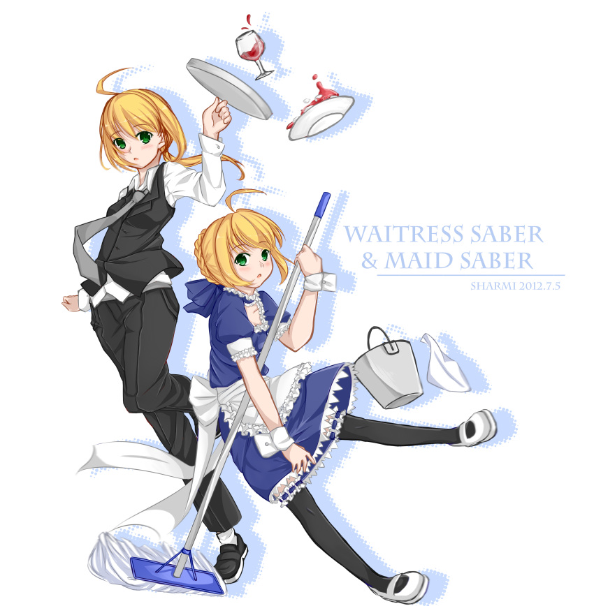 absurdres apron blonde_hair bucket dual_persona fate/zero fate_(series) green_eyes hair_bun hair_ribbon highres long_hair maid mop multiple_girls ponytail ribbon saber sharmi1010 spill thigh-highs thighhighs vest waistcoat waitress wine