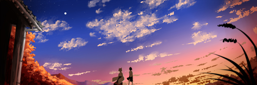 animal_ears black_hair blurry building cloud clouds depth_of_field detached_sleeves from_behind full_moon grass hands_in_sleeves hat highres hutotomomo inubashiri_momiji moon mountain multiple_girls night night_sky perspective seu_(hutotomomo) shameimaru_aya short_hair short_sleeves skirt sky star_(sky) starry_sky sunset tokin_hat touhou twilight white_hair wide_sleeves wind wolf_ears