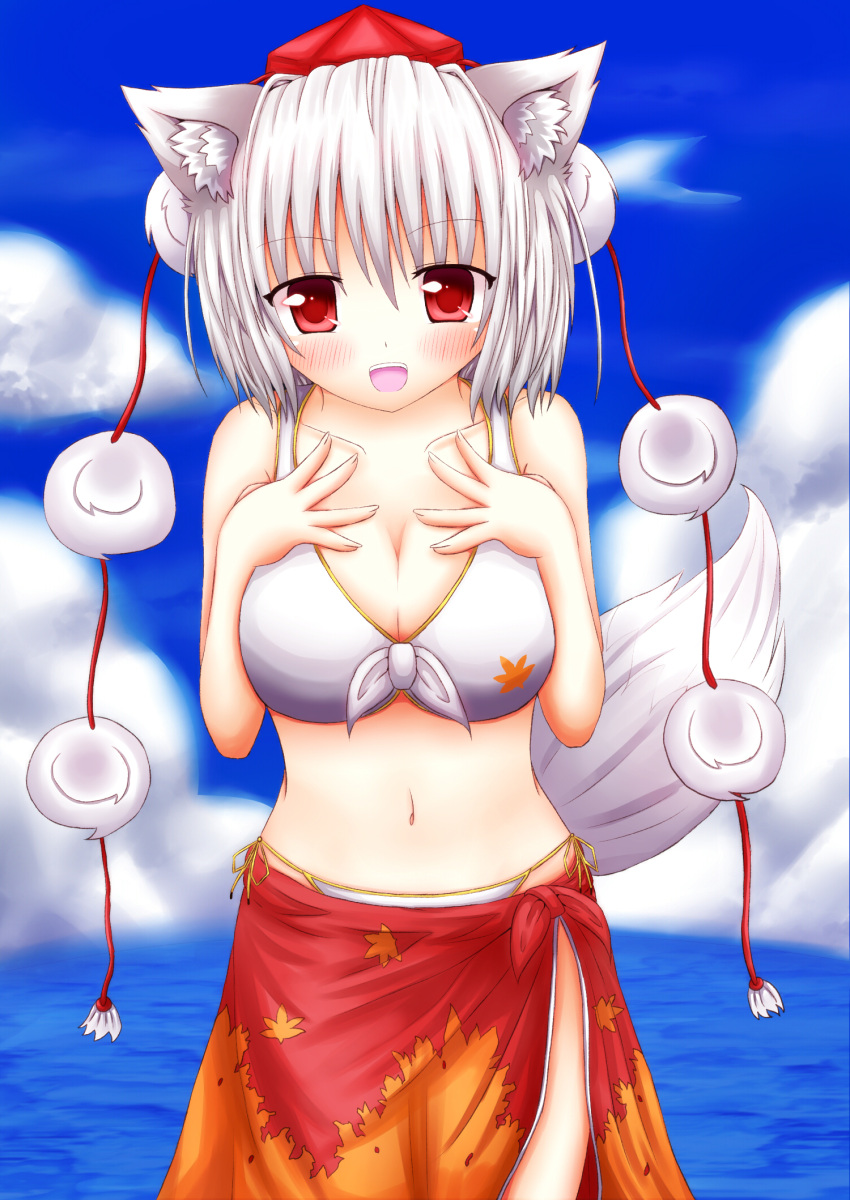 alternate_costume animal_ears bare_shoulders bikini blue_sky blush bust cloud clouds hands_on_own_chest hat highres inubashiri_momiji leaf looking_at_viewer maple_leaf navel ocean oohirakeisuke open_mouth red_eyes sarong short_hair silver_hair skirt sky smile solo swimsuit tail tokin_hat touhou white_bikini wolf_ears wolf_tail
