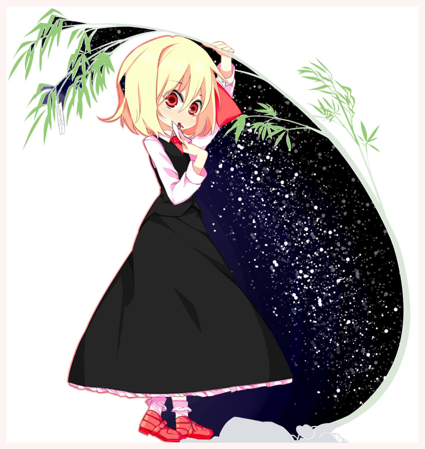 bamboo bangs blonde_hair blush bobby_socks border eyes_visible_through_hair highres holding long_skirt necktie raglan_sleeves red_eyes ribbon rumia shamo_(koumakantv) simple_background skirt socks solo star_(sky) touhou translation_request vest
