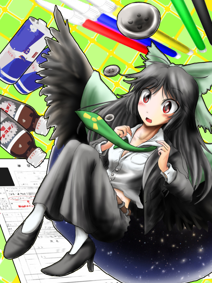 absurdres black_hair bow breasts buttons cleavage contemporary dress_shirt energy_drink female formal hair_bow high_heels highres long_hair navel necktie open_collar open_mouth pantyhose radiation_symbol red_bull red_eyes reiuji_utsuho shirt skirt skirt_suit solo suit tamasan touhou wings
