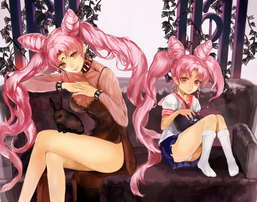 2girls adult animal bishoujo_senshi_sailor_moon black_lady black_rabbit breasts bunny chibi_usa chibiusa cleavage collar couch crossed_legs dress dual_persona hands_together highres jewelry legs legs_crossed long_hair luna-p multiple_girls multiple_personae panties pantyshot pantyshot_(sitting) pink_hair prehensile_hair rabbit red_eyes school_uniform short_sleeves side_slit sitting skirt smile socks tcb time_paradox twintails underwear very_long_hair white_legwear