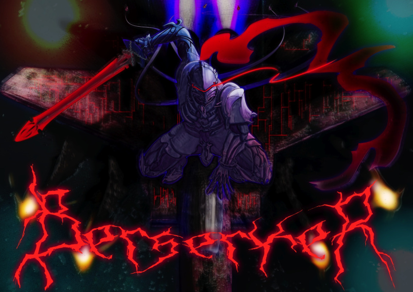 airplane armor arondight berserker_(fate/zero) chain chains character_name corruption f-15 fate/zero fate_(series) fighter_jet full_armor glayfox helmet jet kuchibasshin male solo spoilers sword weapon