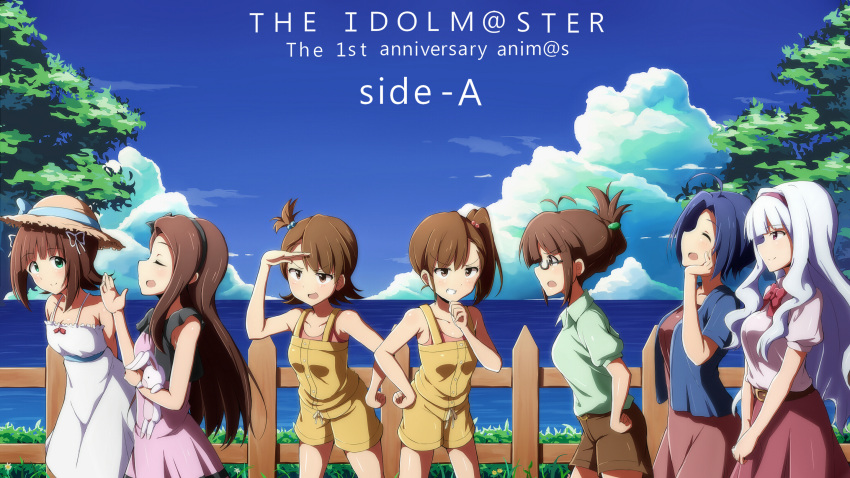 6+girls 7girls ahoge akizuki_ritsuko amami_haruka belt blunt_bangs brown_eyes brown_hair closed_eyes clouds dress fence futami_ami futami_mami glasses green_eyes hair_bobbles hair_ornament hand_on_hip hat headband idolmaster long_hair minase_iori miura_azusa open_mouth outdoors ponytail rariemonn ribbon shijou_takane short_hair short_ponytail short_sleeves shorts siblings side_ponytail silver_hair sisters sky sleeveless smile straw_hat stuffed_toy summer_dress the_idolm@ster twins wavy_hair white_dress