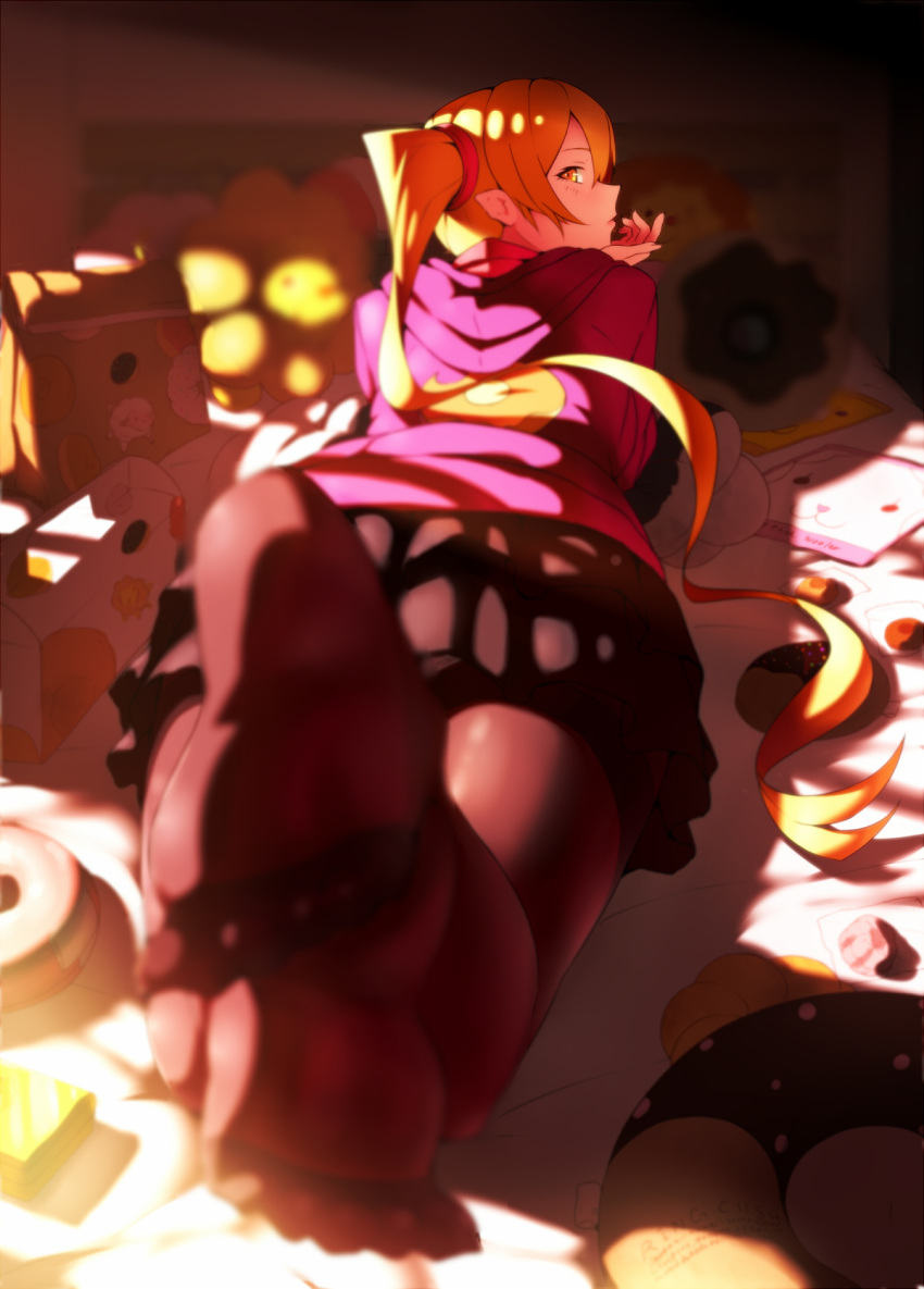 bag bakemonogatari bed black_legwear blonde_hair blurry blush box depth_of_field doughnut feet highres kinniku1234 kissshot_acerolaorion_heartunderblade long_hair looking_back lying monogatari_(series) on_stomach oshino_shinobu pantyhose pillow pointy_ears pov_feet side_ponytail skirt solo teenage toes twintails yellow_eyes