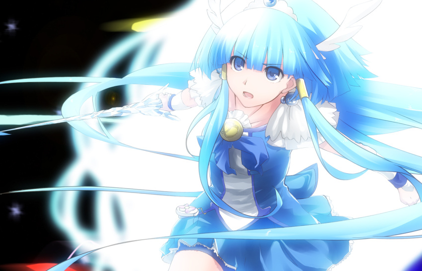 aoki_reika bad_id bike_shorts blue_dress blue_eyes blue_hair cure_beauty dress hair_tubes head_wings long_hair magical_girl nanaku_teiru open_mouth payot precure smile_precure! solo sword tiara weapon wrist_cuffs