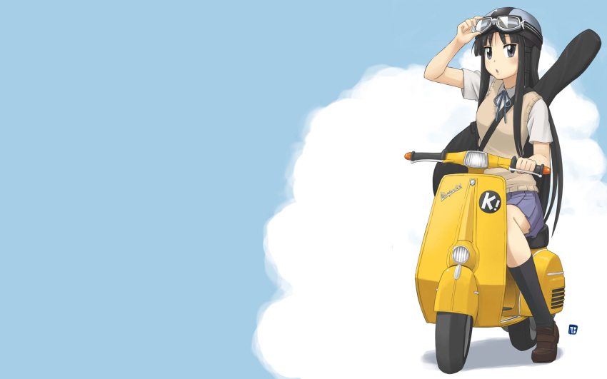 akiyama_mio black_hair blush breasts face goggles guitar_case highres hime_cut instrument_case k-on! long_hair motor_vehicle motorcycle school_uniform scooter solo vehicle