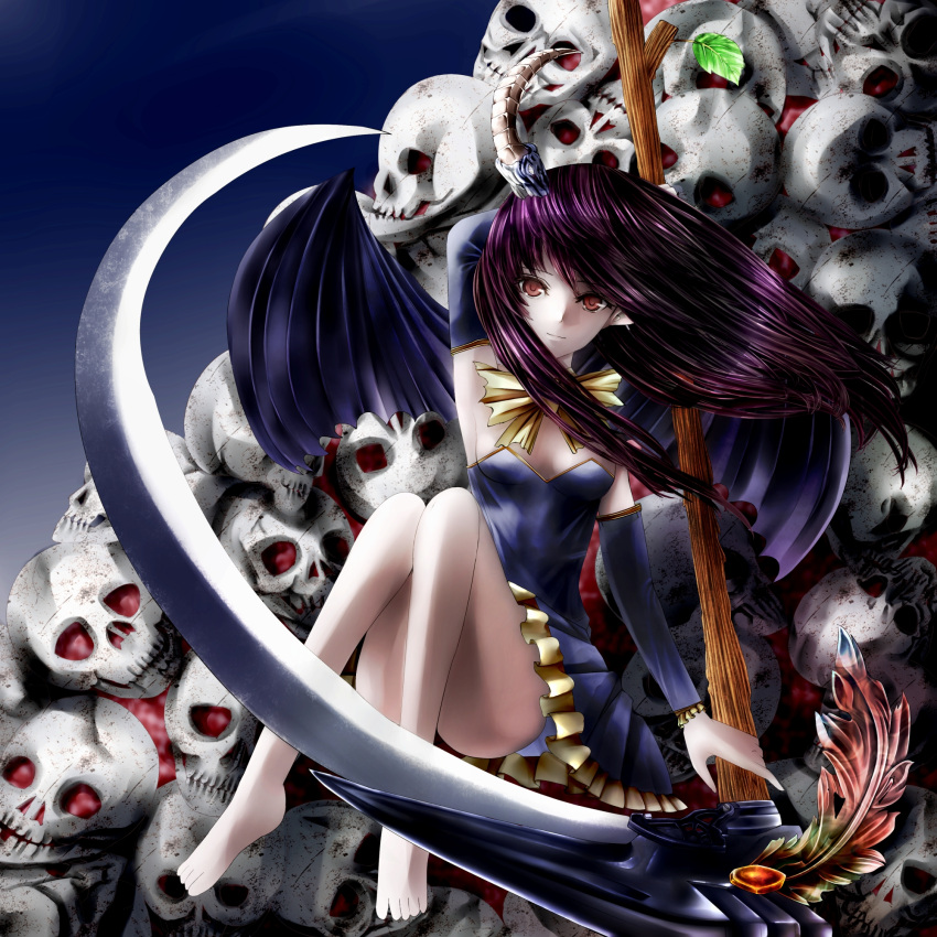 armpits barefoot bowtie death_(entity) dress highres hir0 horns jewerly leaf long_hair no_panties original pointy_ears purple_hair red_eyes scythe shinigami skull solo