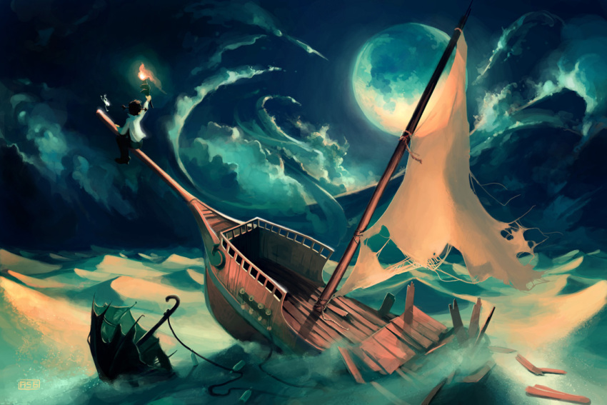 boat child cloud clouds cyril_rolando fire moon original sand scenery solo umbrella