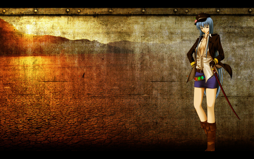 alternate_costume belt blue_hair boots breasts coat desert food fruit gloves growingnoob hand_on_hip hat hinanawi_tenshi hips long_hair mountain open_clothes open_coat open_shirt peach red_eyes sheath sheathed shirt skirt solo standing sun sword touhou weapon