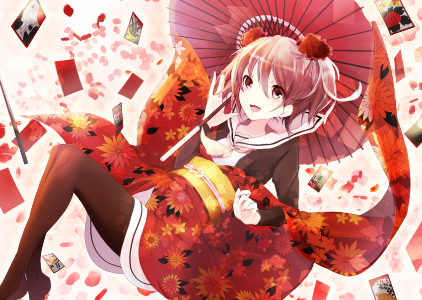 ahoge bad_id black_legwear blakc_legwear brown_eyes brown_hair floating hanafuda happy japanese_clothes kimono obi open_mouth oriental_umbrella original pantyhose petals ribbon school_uniform serafuku shiki_nozi short_hair short_twintails solo twintails umbrella undressing